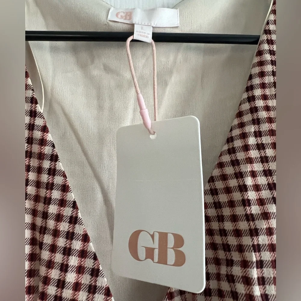 NWT GB Gianni Bini Brown Gingham V-Neck Smocked Waist Long Sleeve Dress Large - Picture 11 of 11